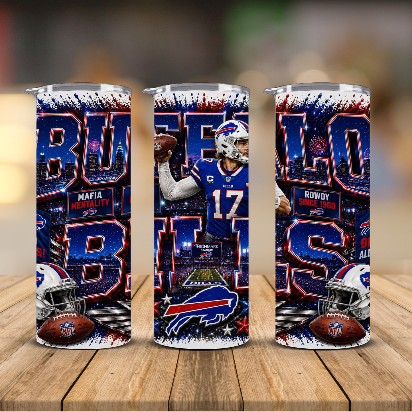 Buffalo Football 20 oz Skinny Tumbler | Sublimation Wrap | Lid & Straw Included
