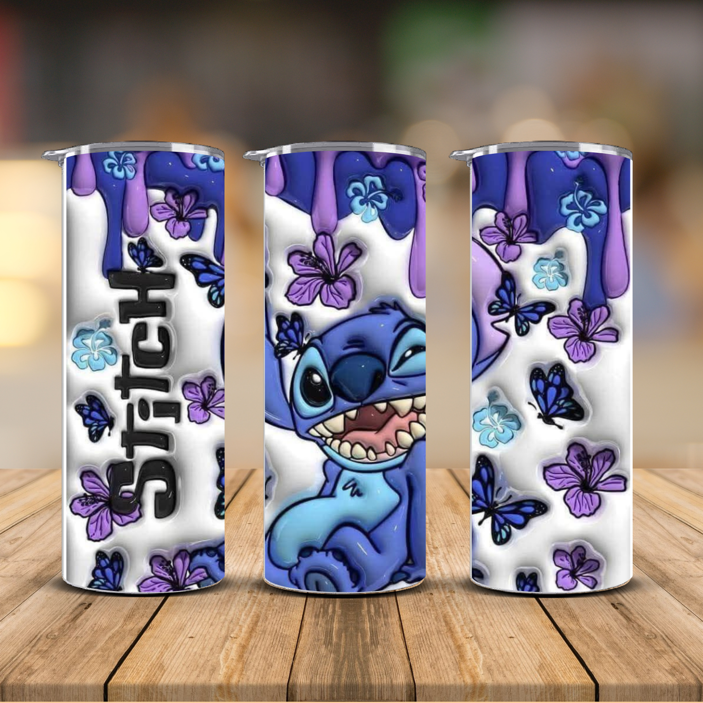 Stitch 3D Inflated Hibiscus Butterfly Purple Drip Sublimation Transfer Print | 20oz Skinny Tumbler (Ready-to-Press)