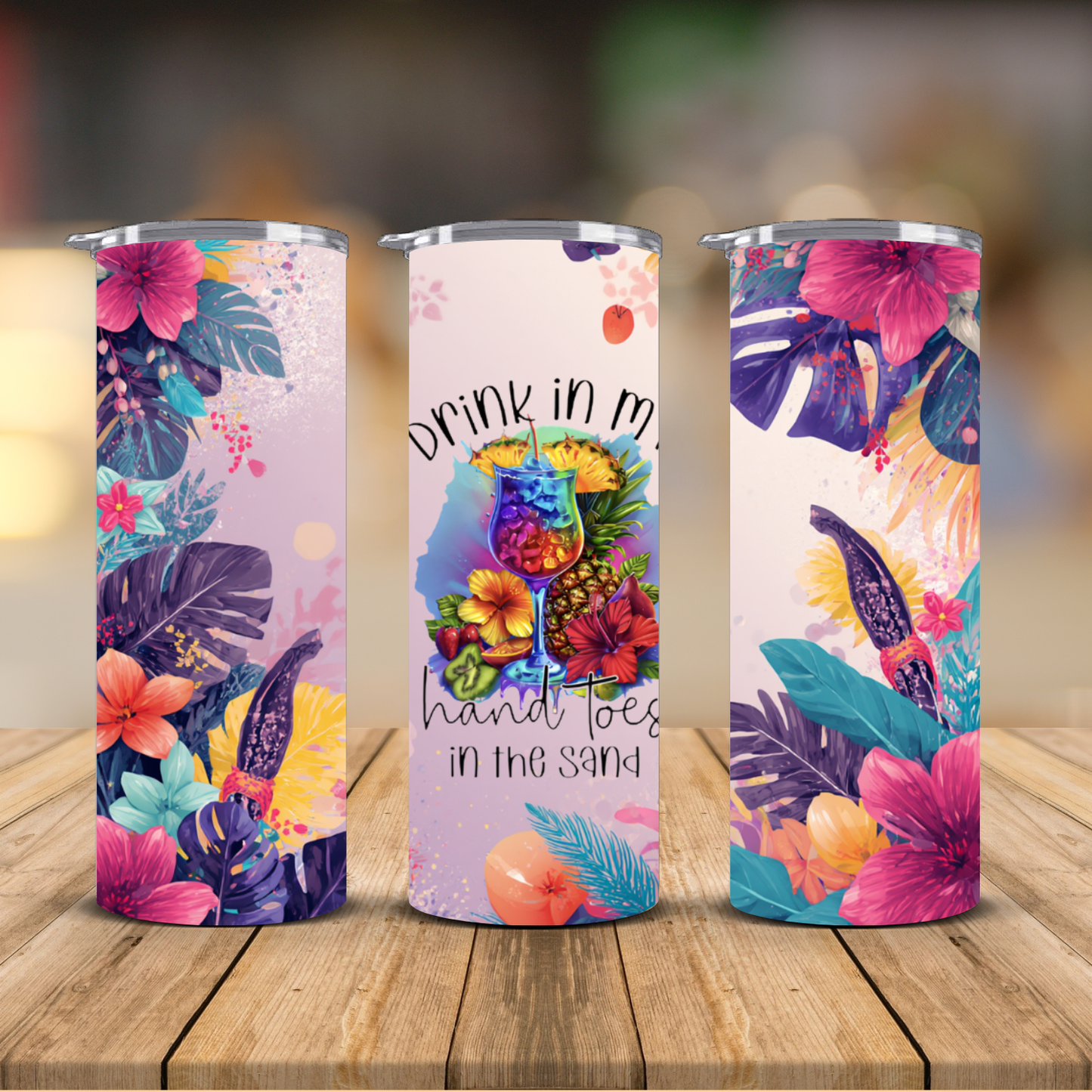 Drink in My Hand Toes in the Sand Purple Tropical Sublimation Transfer Print | 20oz Skinny Tumbler (Ready-to-Press)