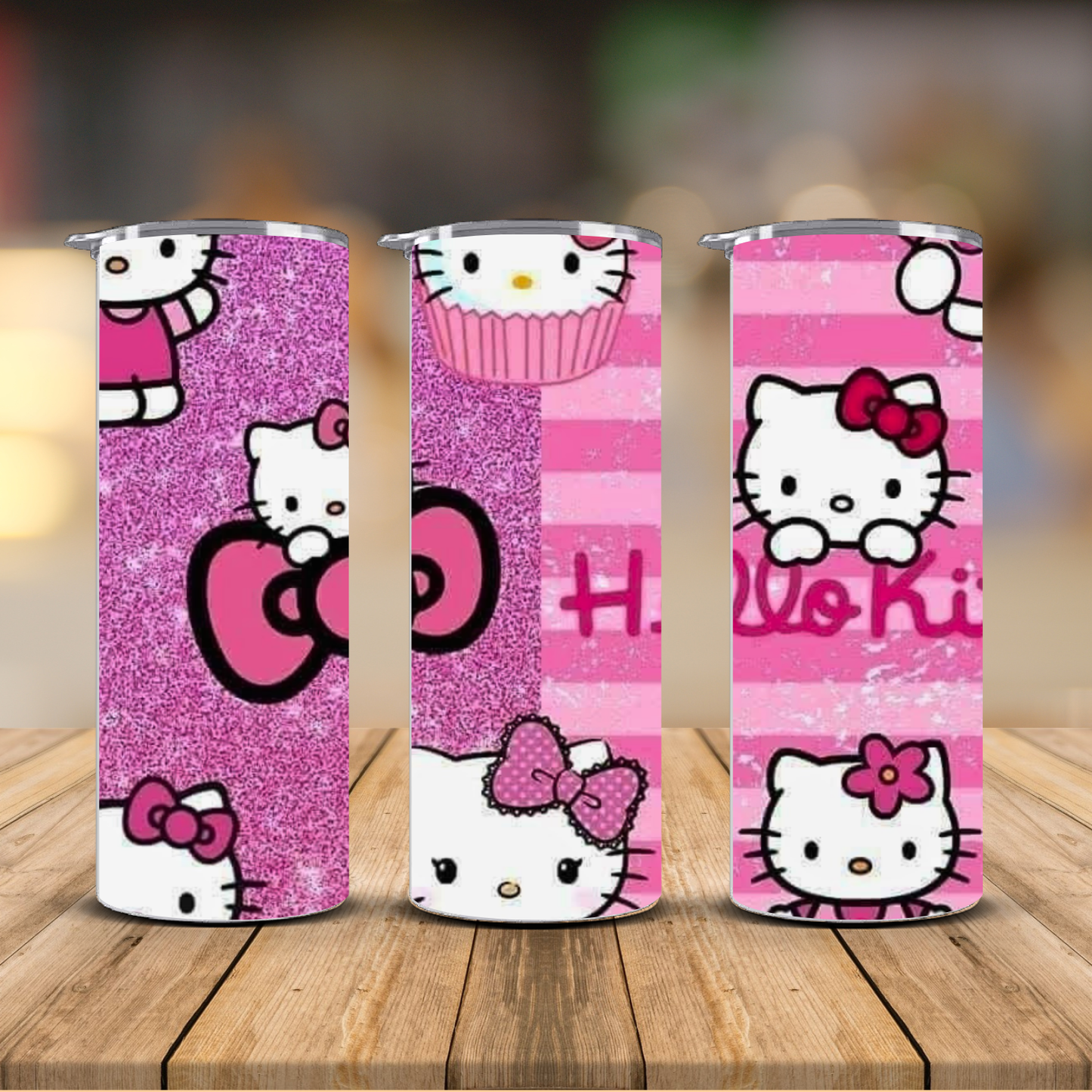 Hello Kitty Collage Glitter Tumbler – Pink Stripe Cupcake Cup | 12 oz & 20 oz