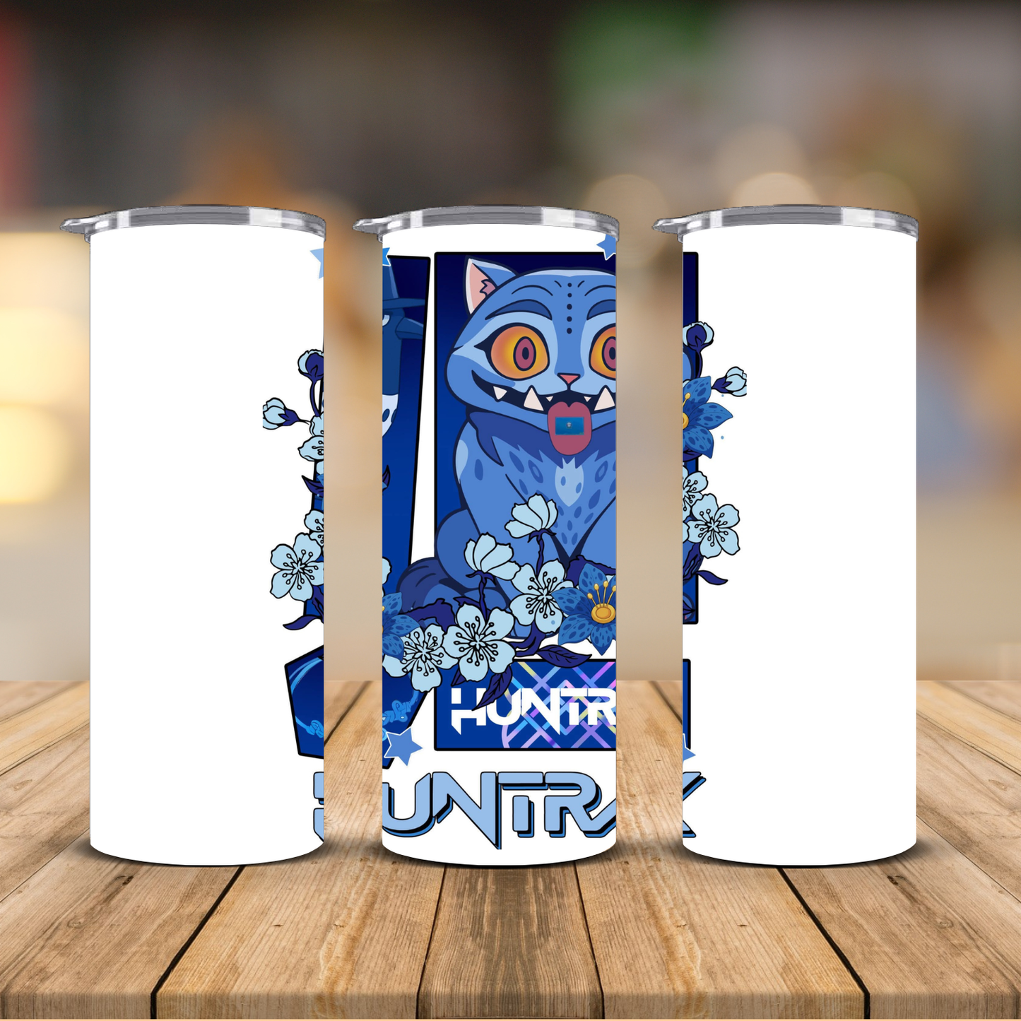 Huntrz Blue Cat Anime Cherry Blossom Sublimation Transfer Print | 20oz Skinny Tumbler (Ready-to-Press)