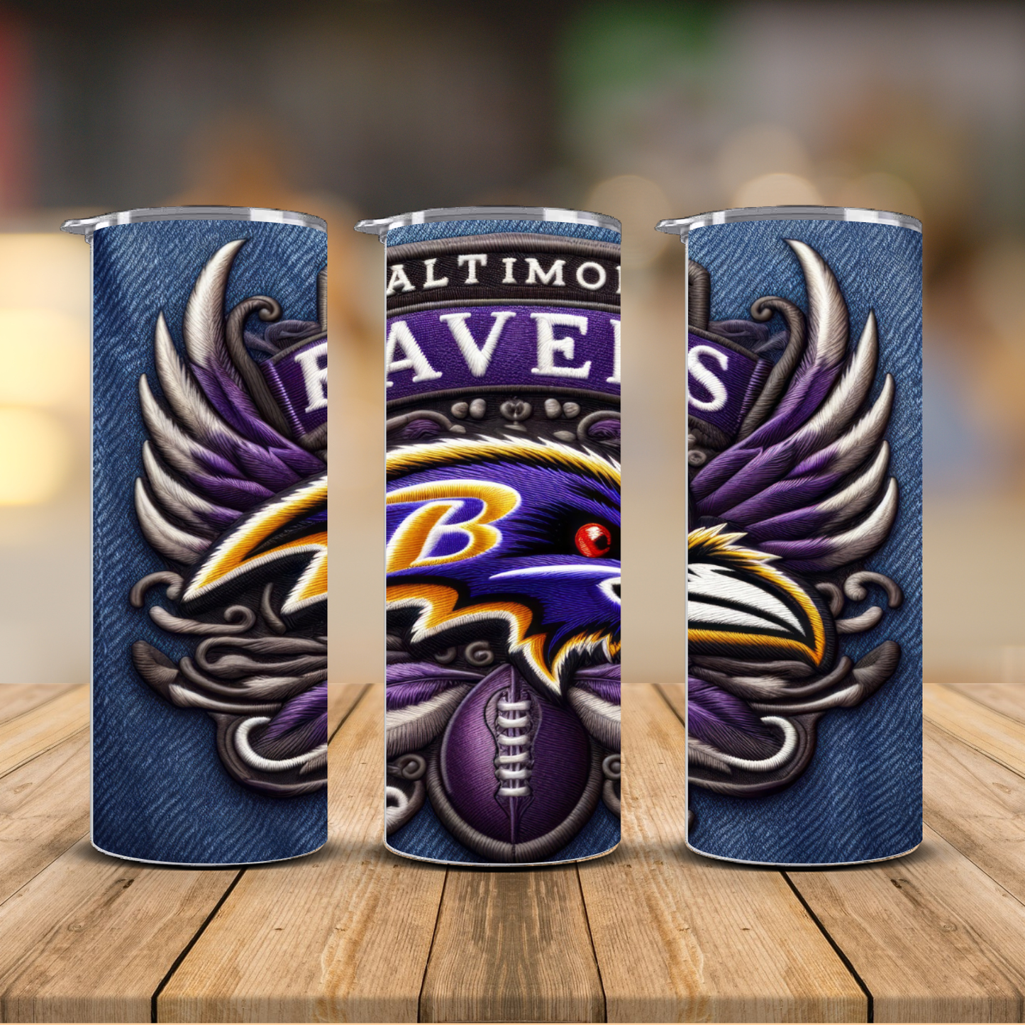 Baltimore Ravens Embroidered Mascot Denim Sublimation Transfer Print | 20oz Skinny Tumbler (Ready-to-Press)