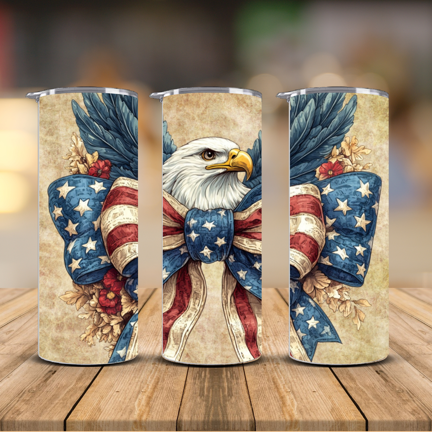 Bald Eagle American Flag Bow Vintage Patriotic Sublimation Transfer Print | 20oz Skinny Tumbler (Ready-to-Press)