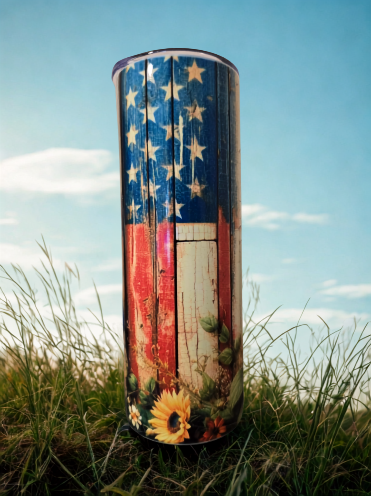 Rustic American Flag Sunflower Tumbler 20oz Skinny