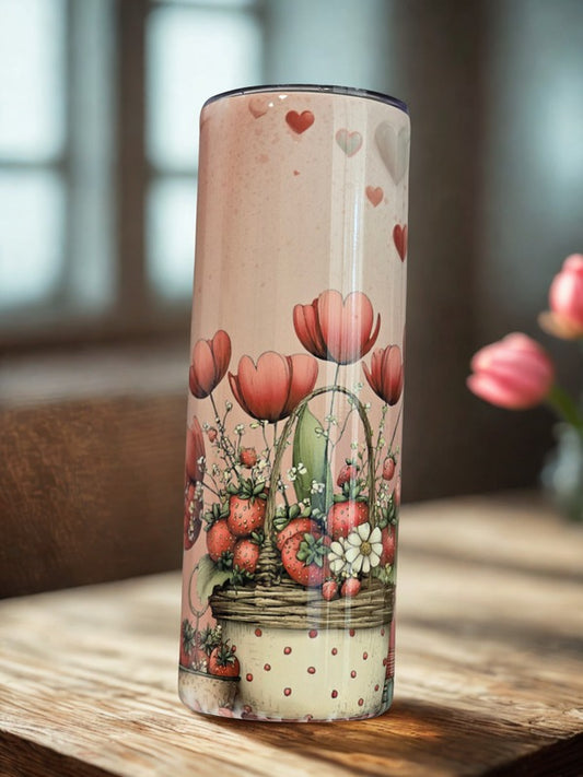 Pink Tulip Strawberry Garden Heart Tumbler | 20oz Skinny Tumbler | Closeout - Only 1 Available