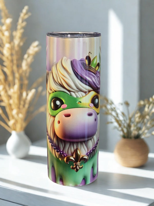 Mardi Gras Highland Cow Masquerade Tumbler | 20oz Skinny Tumbler | Closeout - Only 1 Available