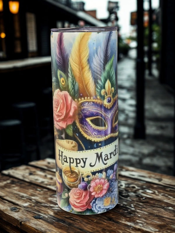 Happy Mardi Gras Masquerade Mask Floral Tumbler | 20oz Skinny Tumbler