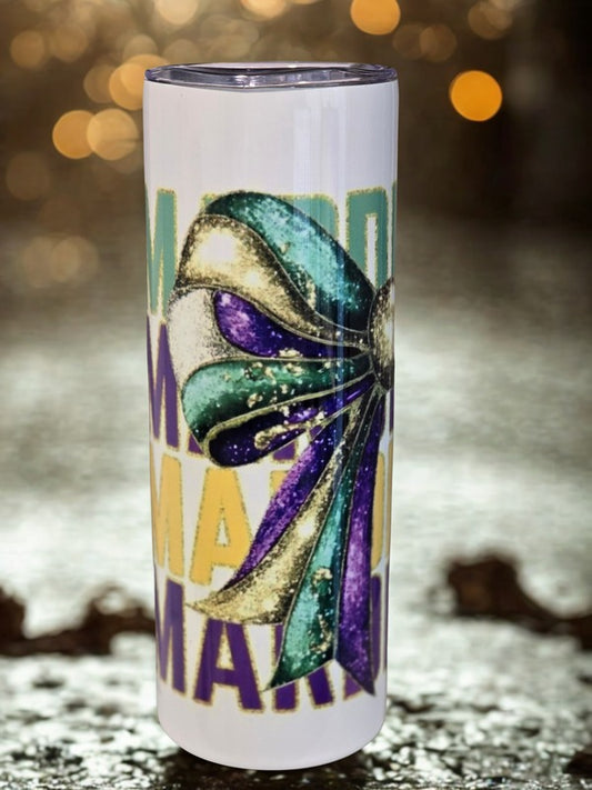 Mardi Gras Glitter Bow Stacked Text Tumbler | 20oz Skinny Tumbler