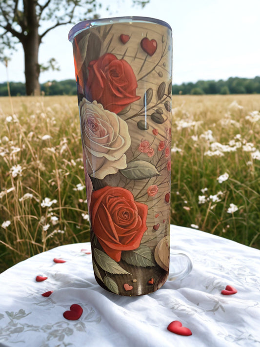 3D Embossed Red Rose Heart Valentine Tumbler | 20oz Skinny Tumbler | Closeout - Only 1 Available