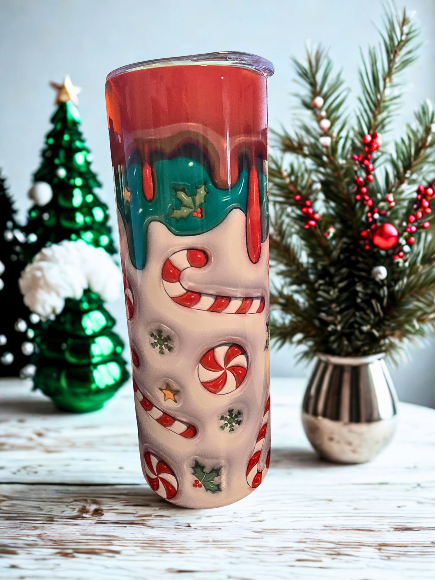 3D Puffy Candy Cane Peppermint Christmas Tumbler | 20oz Skinny Tumbler | Closeout - Only 1 Available