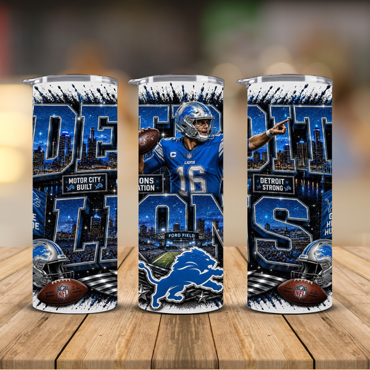 Detroit Football 20 oz Skinny Tumbler | Sublimation Wrap | Lid & Straw Included