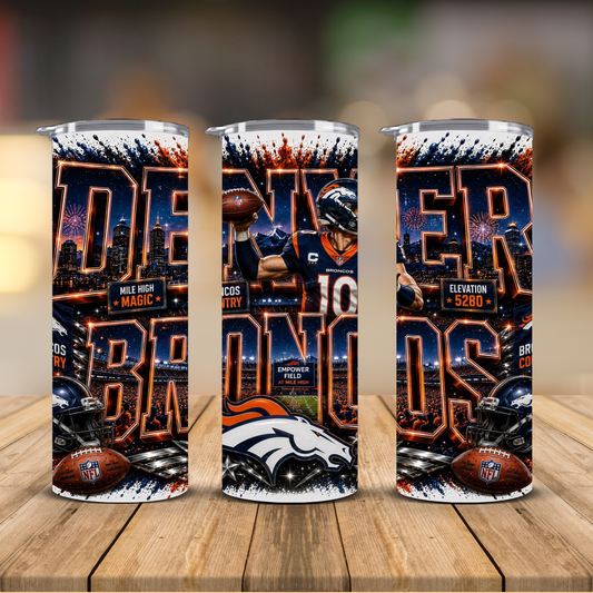 Denver Football 20 oz Skinny Tumbler | Sublimation Wrap | Lid & Straw Included