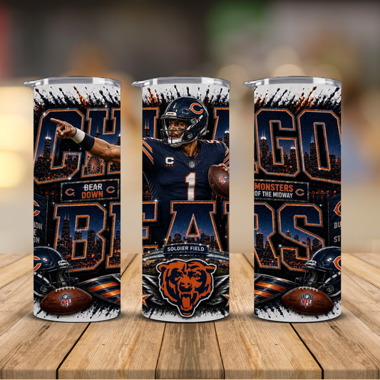 Chicago Football 20 oz Skinny Tumbler | Sublimation Wrap | Lid & Straw Included