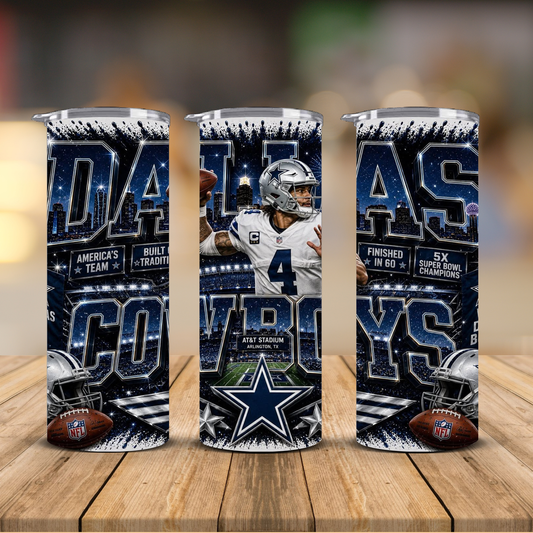 Dallas Football 20 oz Skinny Tumbler | Sublimation Wrap | Lid & Straw Included