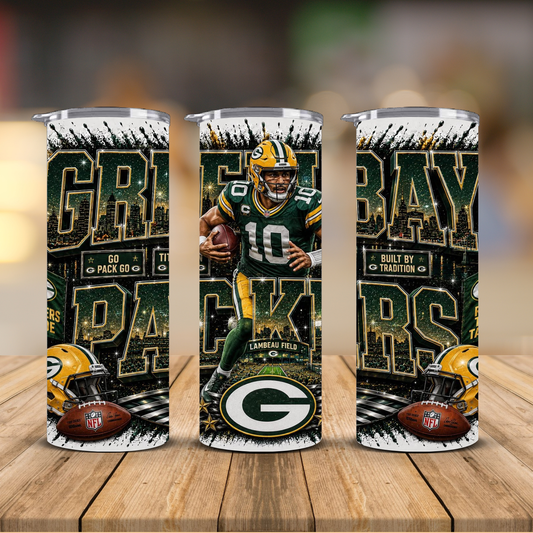 Green Bay Football 20 oz Skinny Tumbler | Sublimation Wrap | Lid & Straw Included