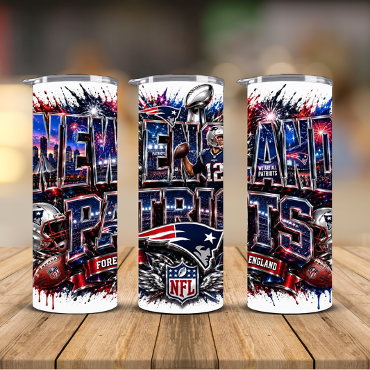 New England Football 20 oz Skinny Tumbler | Sublimation Wrap | Lid & Straw Included