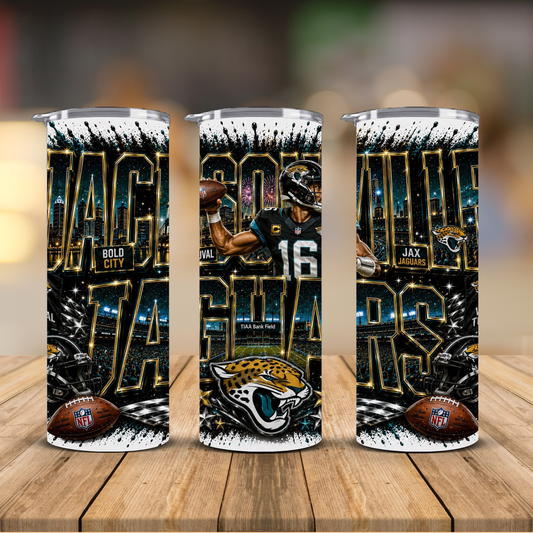 Jacksonville Football 20 oz Skinny Tumbler | Sublimation Wrap | Lid & Straw Included