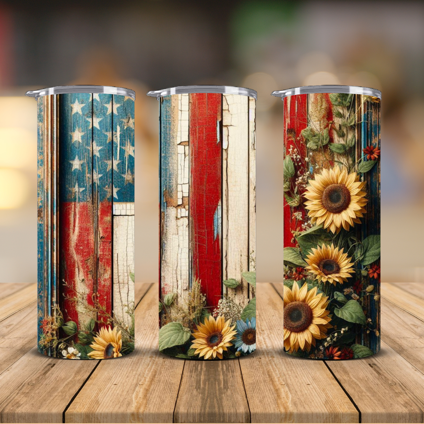Rustic American Flag Sunflower Sublimation Transfer Print | 20oz Skinny Tumbler (Ready-to-Press)