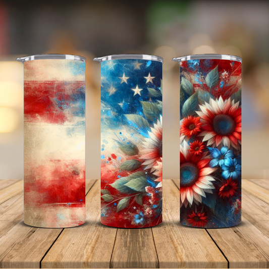 4th of July Patriotic Sunflower Flag Sublimation Transfer Print | 20oz Skinny Tumbler (Ready-to-Press)