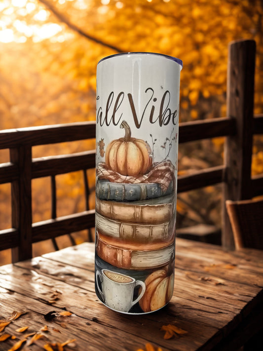 Fall Vibes Pumpkin Books Coffee Tumbler | 20oz Skinny Tumbler | Closeout - Only 1 Available