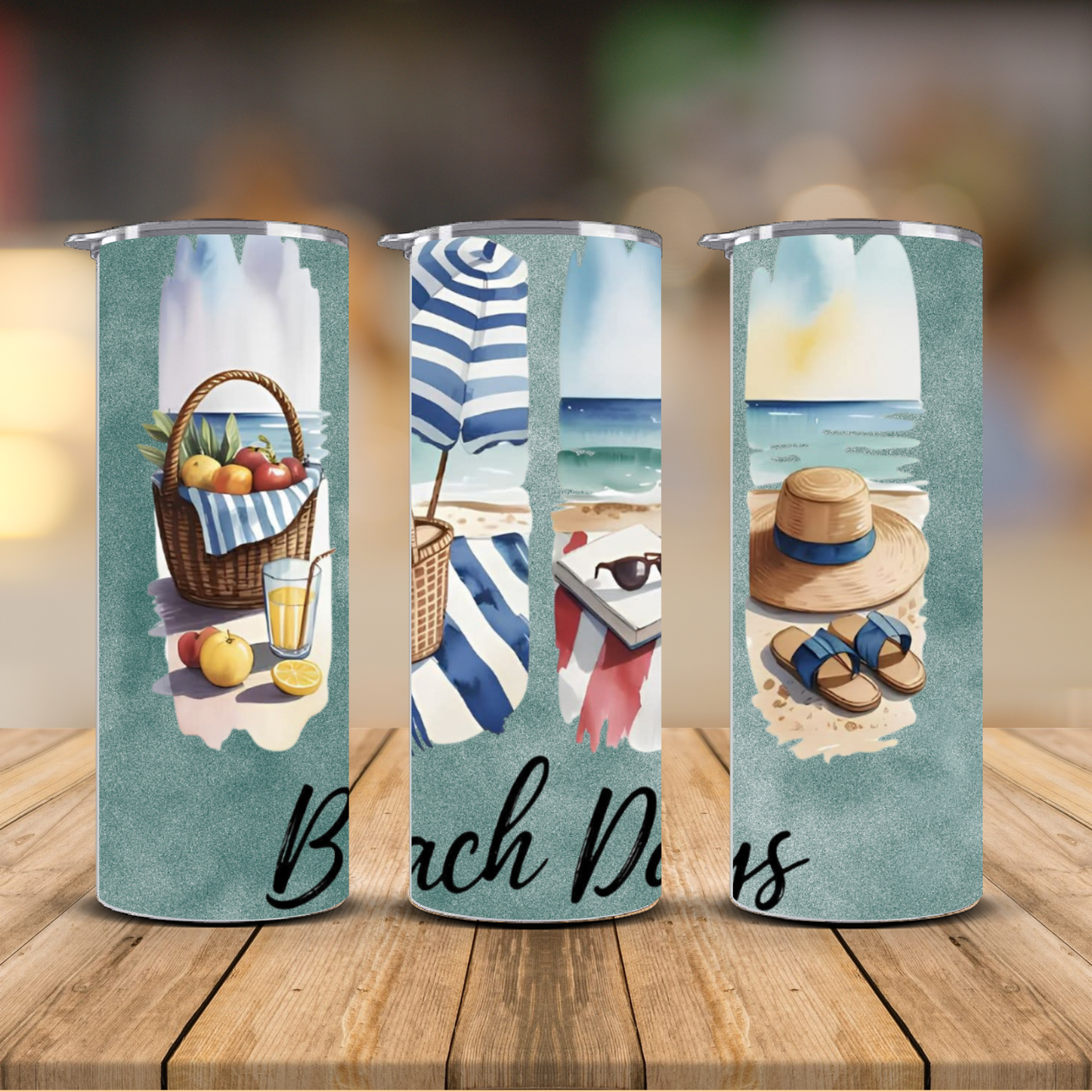 Beach Days Watercolor Summer Essentials Sublimation Transfer Print | 20oz Skinny Tumbler (Ready-to-Press)