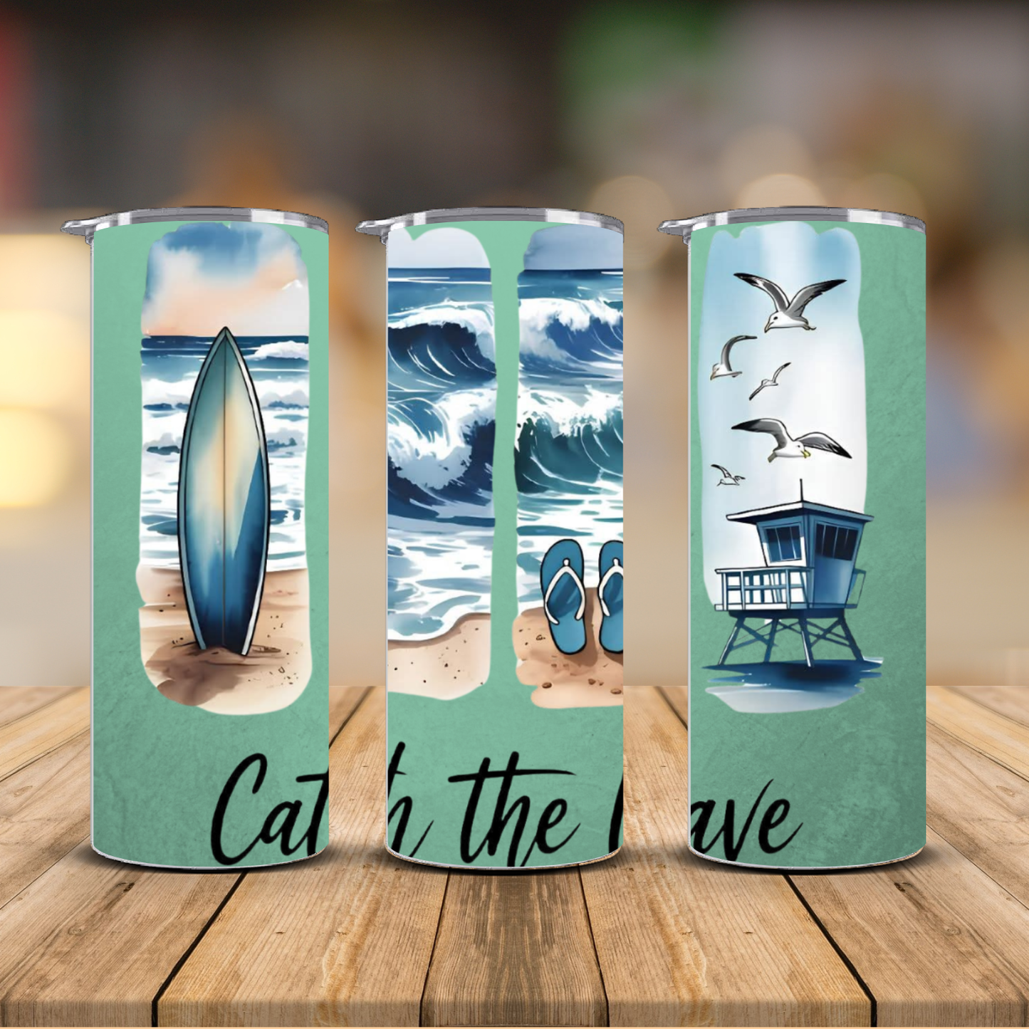 Catch the Wave Surfboard Beach Scene Sublimation Transfer Print | 20oz Skinny Tumbler (Ready-to-Press)