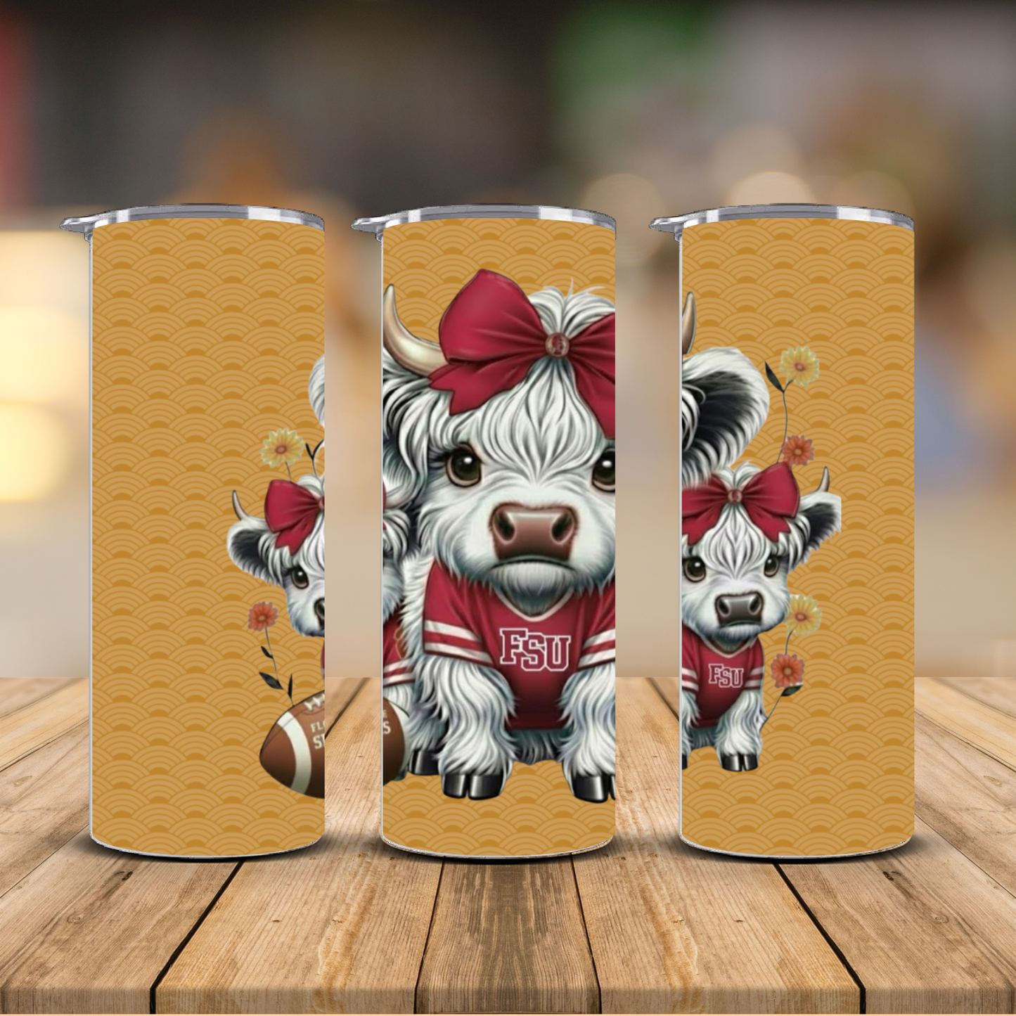 FSU Seminoles Highland Cow Football Bow Sublimation Transfer Print | 20oz Skinny Tumbler (Ready-to-Press)