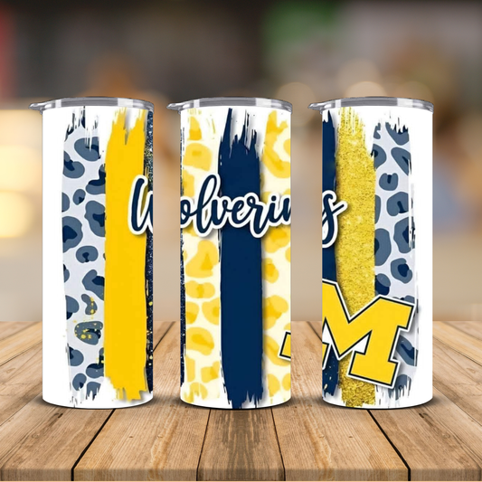 Michigan Wolverines Leopard Print Brushstroke Sublimation Transfer Print | 20oz Skinny Tumbler (Ready-to-Press)