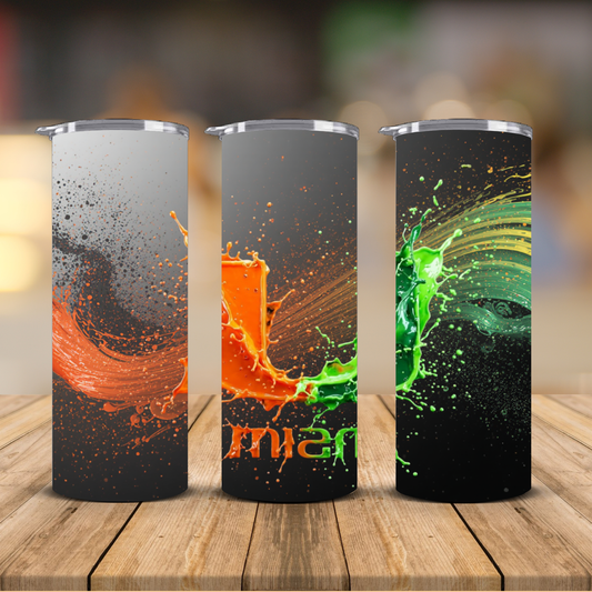 Miami Hurricanes Orange Green Paint Splash Sublimation Transfer Print | 20oz Skinny Tumbler (Ready-to-Press)