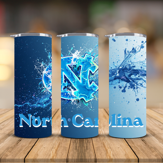 UNC Tar Heels Neon Water Splash Sublimation Transfer Print | 20oz Skinny Tumbler (Ready-to-Press)