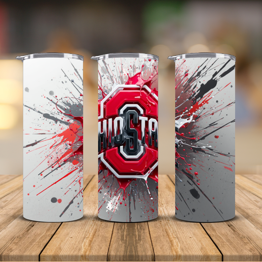 Ohio State Buckeyes 3D O Logo Paint Splatter Sublimation Transfer Print | 20oz Skinny Tumbler (Ready-to-Press)