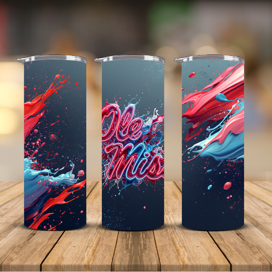 Ole Miss Rebels Neon Paint Splash Sublimation Transfer Print | 20oz Skinny Tumbler (Ready-to-Press)