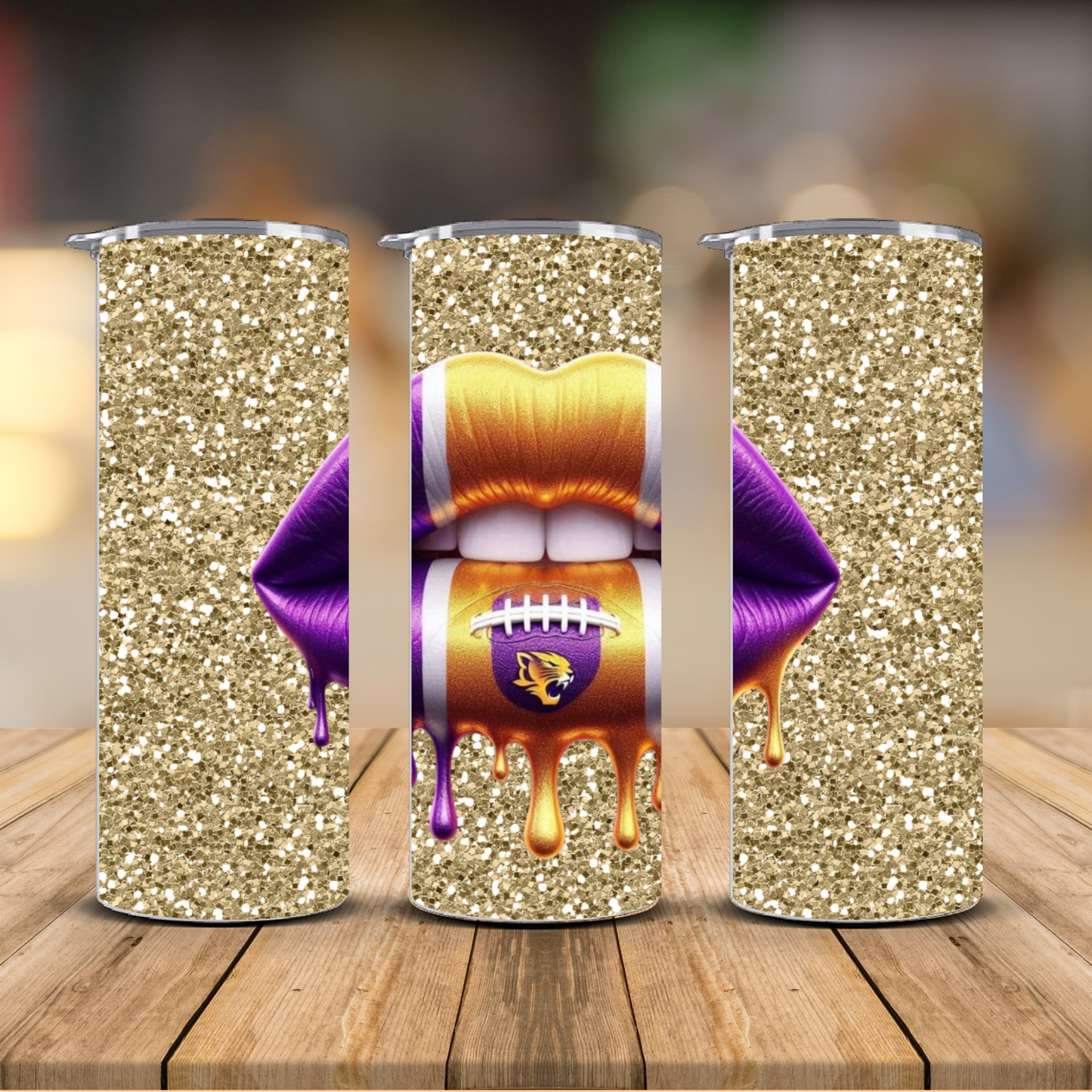 LSU Tigers Purple Gold Drip Lips Football Glitter Sublimation Transfer Print | 20oz Skinny Tumbler (Ready-to-Press)