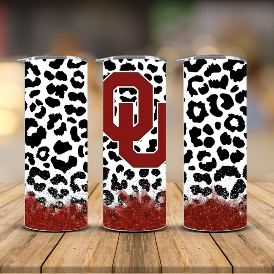 Oklahoma Sooners OU Leopard Print Glitter Sublimation Transfer Print | 20oz Skinny Tumbler (Ready-to-Press)