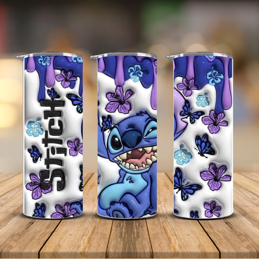 Stitch 3D Inflated Hibiscus Butterfly Purple Drip Sublimation Transfer Print | 20oz Skinny Tumbler (Ready-to-Press)