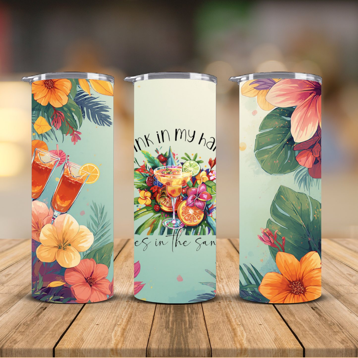 Drink in My Hand Toes in the Sand Tropical Floral Sublimation Transfer Print | 20oz Skinny Tumbler (Ready-to-Press)