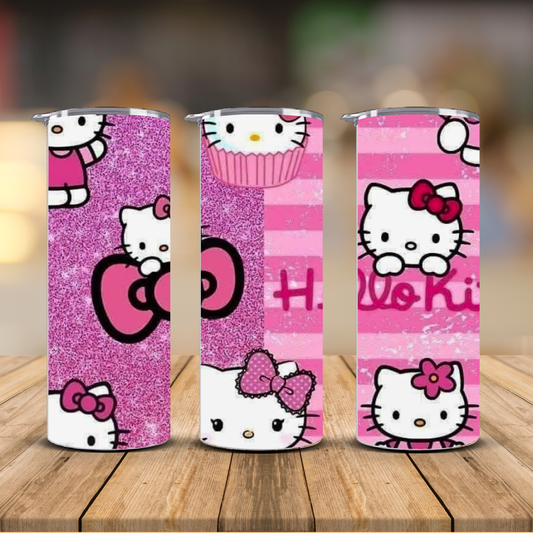 Hello Kitty Collage Glitter Tumbler – Pink Stripe Cupcake Cup | 12 oz & 20 oz