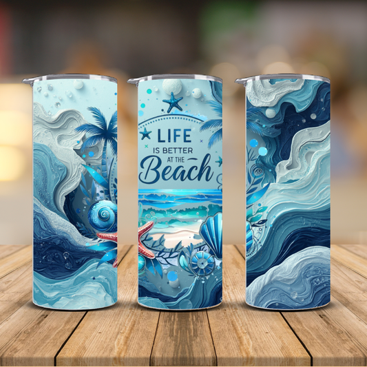 Life is Better at the Beach 3D Ocean Wave Sublimation Transfer Print | 20oz Skinny Tumbler (Ready-to-Press)