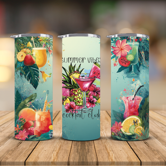 Summer Vibes Cocktail Club Tropical Sublimation Transfer Print | 20oz Skinny Tumbler (Ready-to-Press)