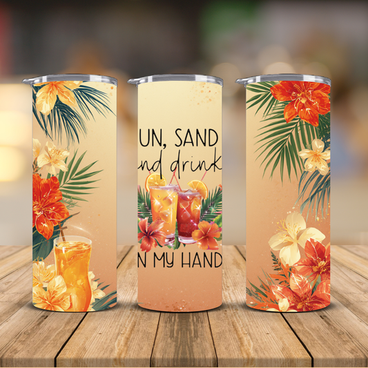Sun Sand and Drinks in My Hand Tropical Floral Sublimation Transfer Print | 20oz Skinny Tumbler (Ready-to-Press)