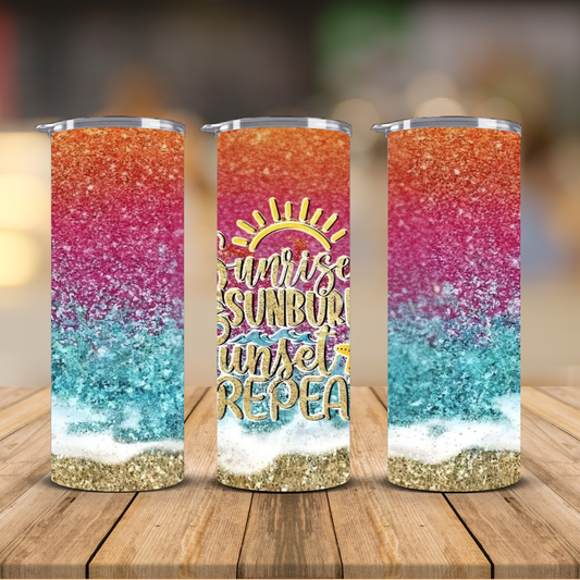 Sunrise Sunburn Sunset Repeat Glitter Ombre Beach Sublimation Transfer Print | 20oz Skinny Tumbler (Ready-to-Press)