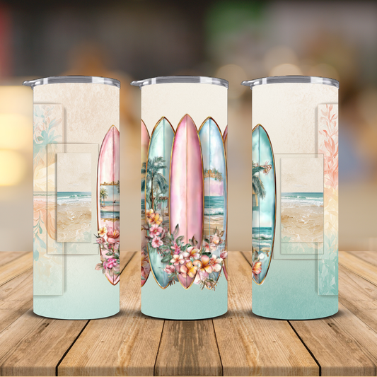 Pastel Surfboard Tropical Floral Beach Sublimation Transfer Print | 20oz Skinny Tumbler (Ready-to-Press)