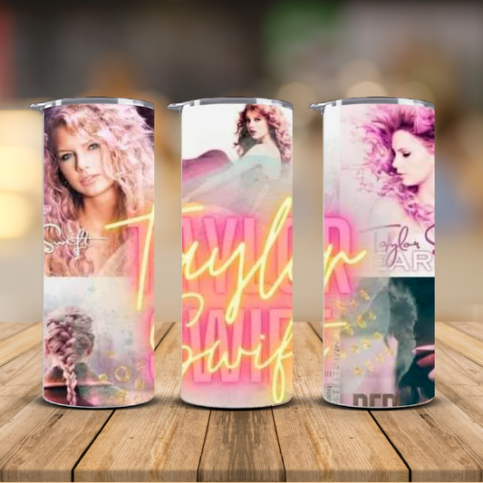 Taylor Swift Album Collage Tumbler – Swiftie Neon Pink Cup | 12 oz & 20 oz