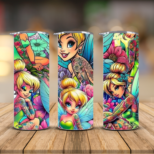 Tinker Bell Tattoo Floral Tumbler – Boho Fairy Cup | 12 oz & 20 oz