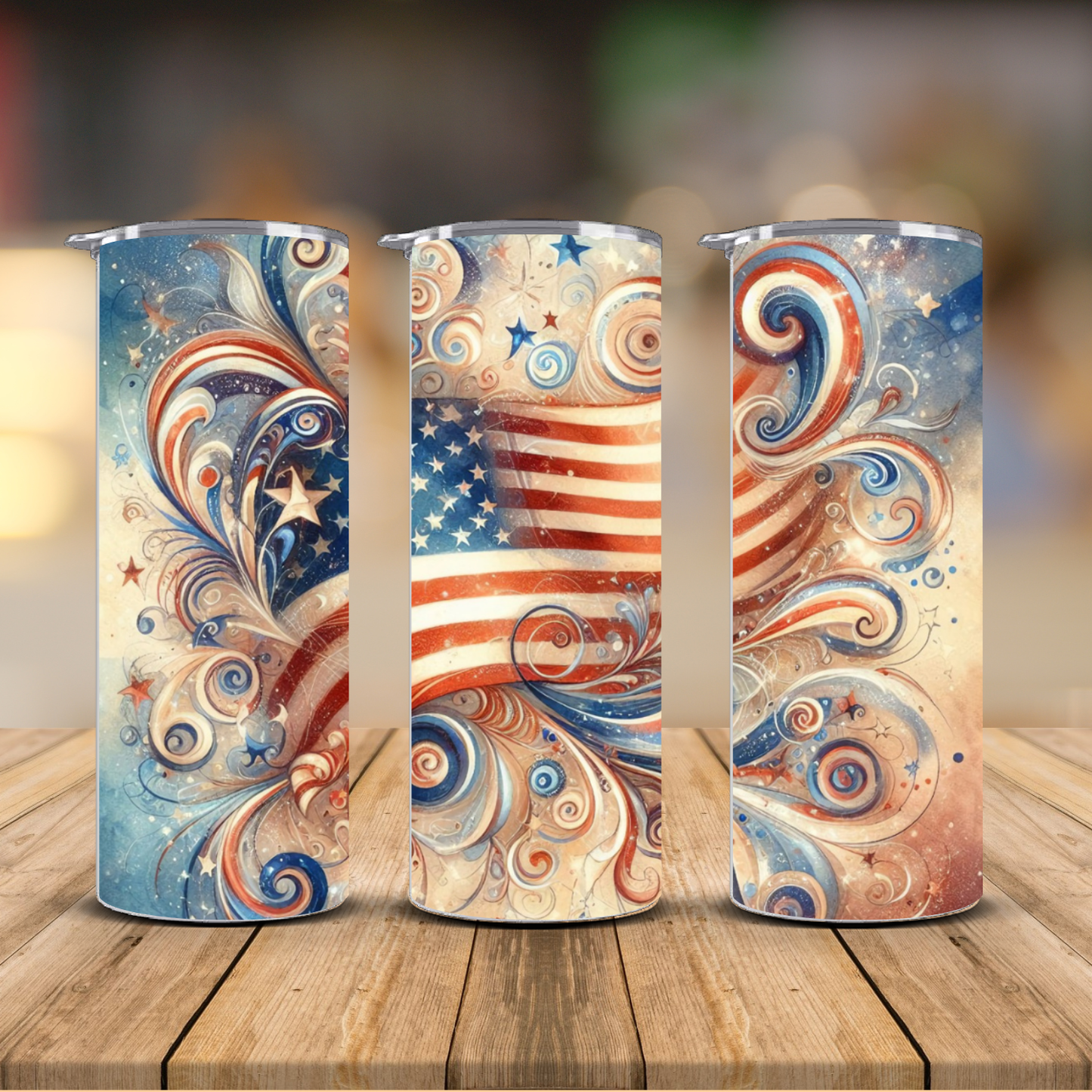 American Flag Swirl Scrollwork Patriotic Sublimation Transfer Print | 20oz Skinny Tumbler (Ready-to-Press)