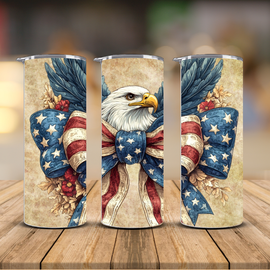 Bald Eagle American Flag Bow Vintage Patriotic Sublimation Transfer Print | 20oz Skinny Tumbler (Ready-to-Press)