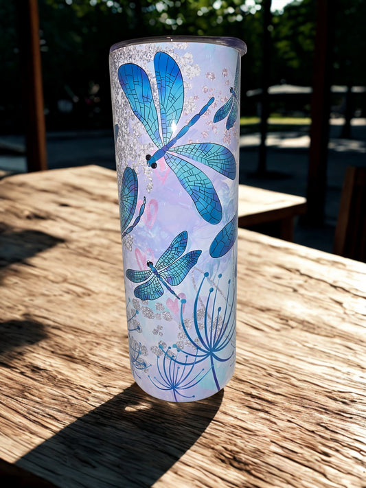 Blue Dragonfly Dandelion Glitter Tumbler | 20oz Skinny Tumbler | Closeout - Only 1 Available